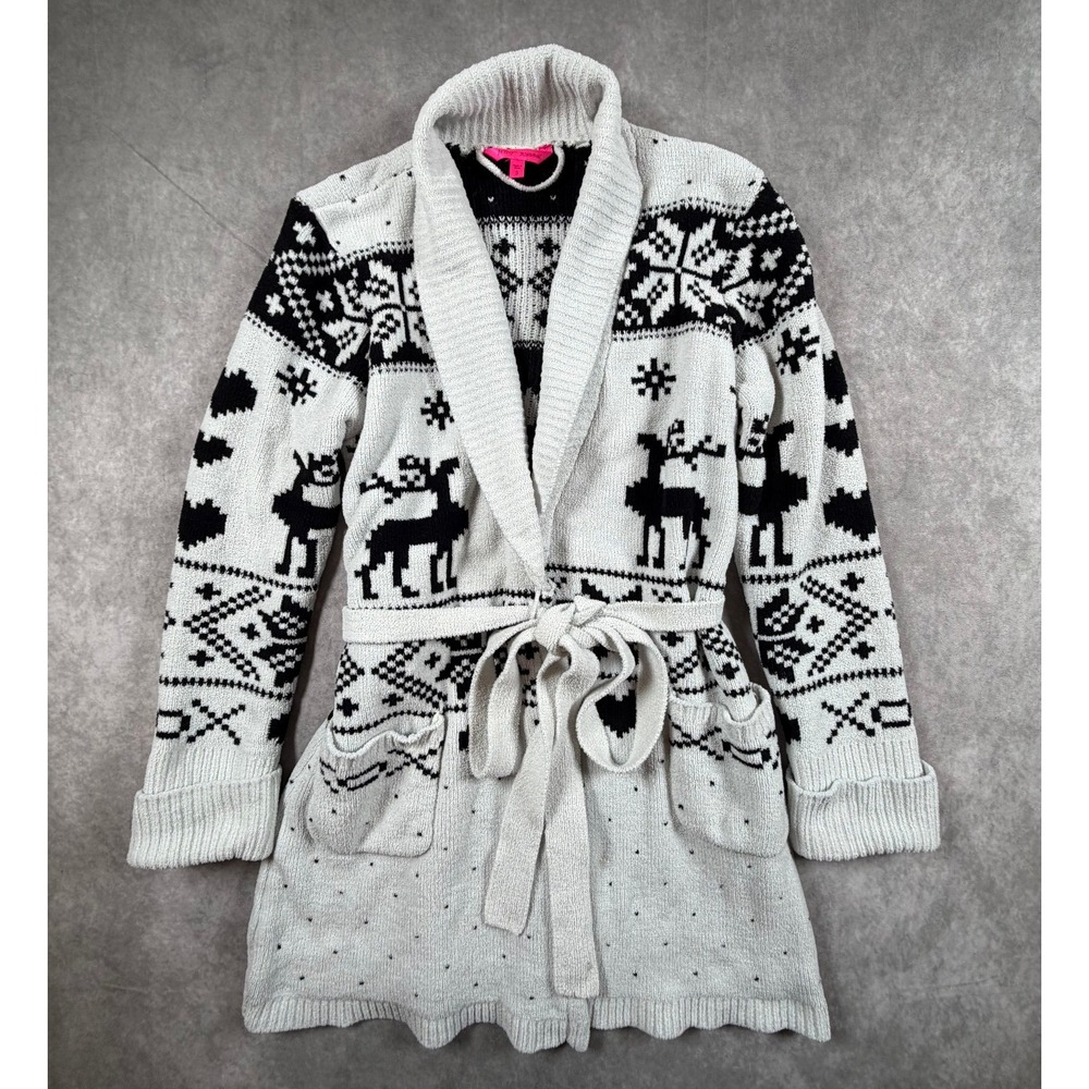 Betsey Johnson Womens Small Robe Cardigan White Black Reindeer Nordic Christmas